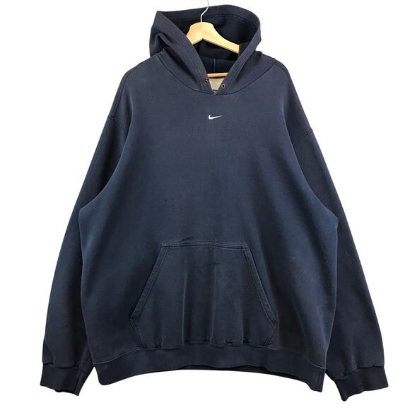 Vintage Y2K NIKE‎ Center Mini Swoosh Check Hoodie Faded Navy Blue Sz 2XL - Picture 1 of 15